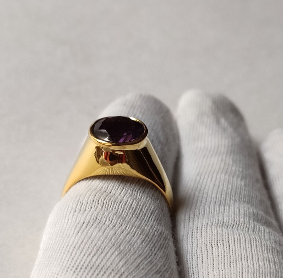 14kt Yellow Gold/ Natural Amethyst Men's Ring/ 925 Etsy