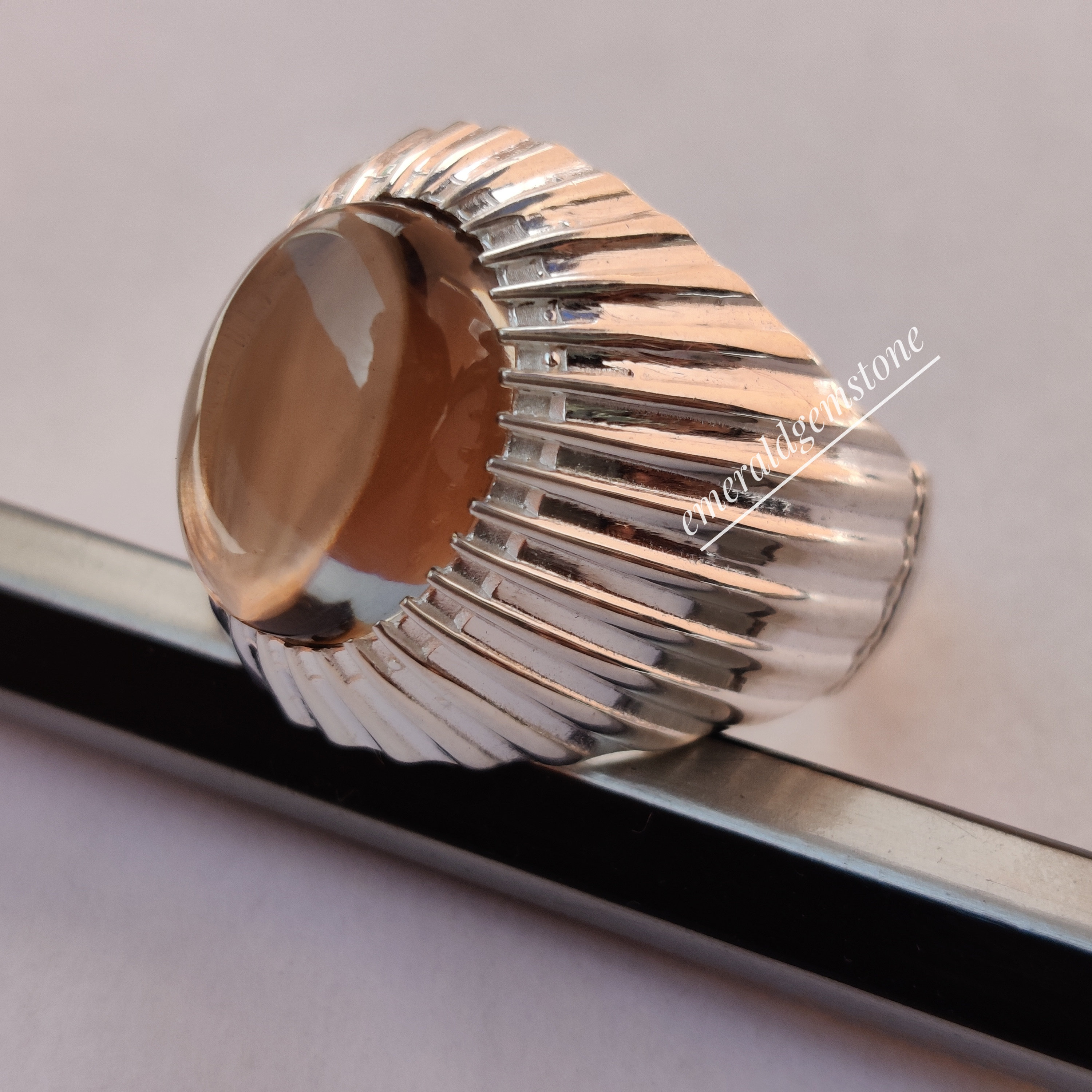 スモーキークォーツメンズリング：ハンドメイド925スターリング