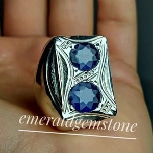 Blue Sapphire Wedding Men&#39;s Ring/ Solid 925 Sterling Silver Ring/ Men&#39;s Heavy Ring/ Engagement Ring/ Anniversary Wedding Gifts/ Ring For Him