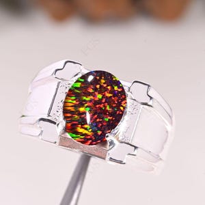 Black Opal Men&#39;s Ring/ 925 Sterling Silver Ring/ Multi Fire Opal Men Ring/ Stylish Men&#39;s Heavy Ring/ Wedding Engagement Ring/ Gift for Male