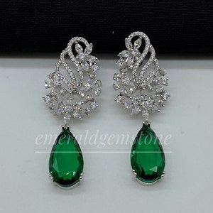 Green Emerald Women&#39;s Earring/ Solid 925 Sterling Silver/ Women&#39;s Heavy Earrings/ May Birthstone/ Wedding Anniversary Earring/ Gift For Her