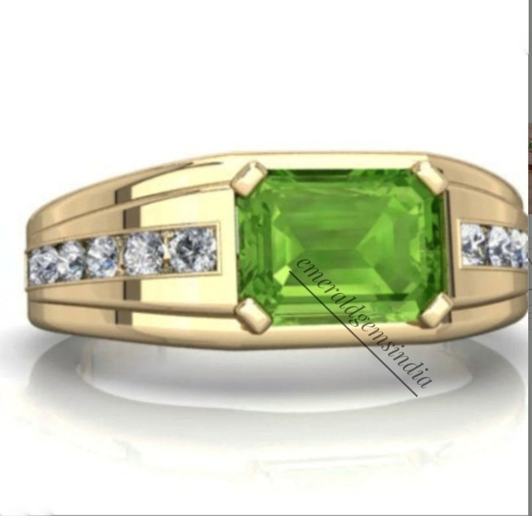Natural Peridot Men's Silver Ring/ 925 Sterling Silver Gold Plated Ring