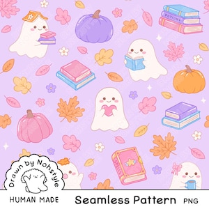 May include: A seamless pattern on a light purple background featuring white ghosts, orange and purple pumpkins, stacks of books labeled Potions and Spells, and scattered autumn leaves and small flowers. The design includes cute cartoon characters.