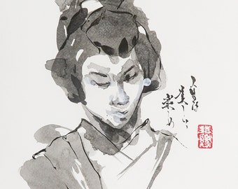 Original geisha painting in Sumi-e ( Japanese ink painting )