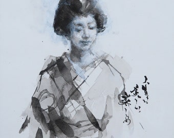 Original geisha painting in Sumi-e ( Japanese ink painting )