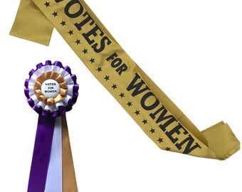 SUFFRAGETTE SUFFRAGIST Gift. 2 Item Sash and Rosette Votes for Women Accessories. Authentic Style.