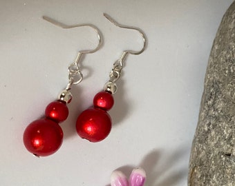 Red Dangle Earrings, Red Beaded Earrings, Sterling Silver Dangle Earrings, Girlfriend Birthday Gift, Red and Silver Earrings, Valentines Gif