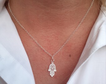 Dainty Sterling Silver Hamsa Necklace: Delicate Palm Pendant, Minimalist Jewellery