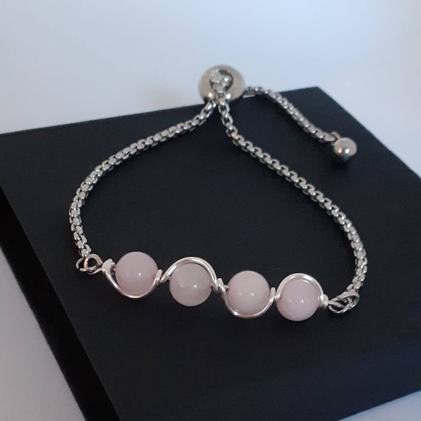 Rose Quartz Bracelet Silver UK,  Adjustable Bracelet For Women, Pink Bracelet, Valentines Gift For Her, Girlfriend Gift, Mothers Day Gift.