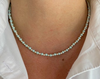Blue Glass Pearl Beaded Necklace, Silver Accents, Delicate Jewellery