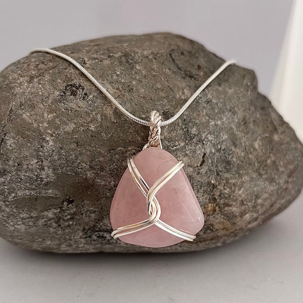 Rose Quartz Necklace Sterling Silver, Pink Crystal Necklace, Wire Wrapped Pendant, Long Crystal Necklace, Anniversary Gifts For Her.