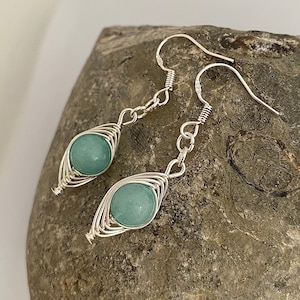 Aventurine Earrings Sterling Silver, Wire Wrapped, Green Gemstone Dangles.