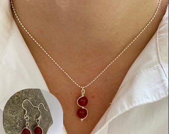 Red Carnelian Gemstone Necklace and Earrings Set, Sterling Silver Wire Wrapped Jewellery, July Birthstone.