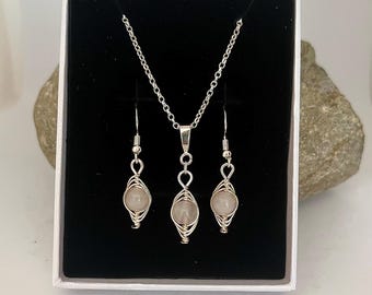 Rose Quartz Sterling Silver Necklace and Earrings Set, Herringbone Wire Design
