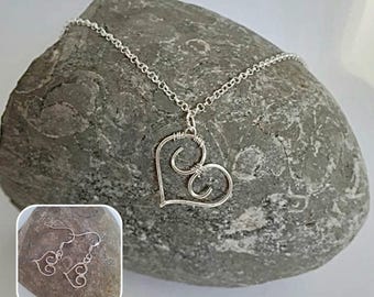 Sterling Silver Heart Necklace and Earrings Set, Swirl Pendant Jewellery