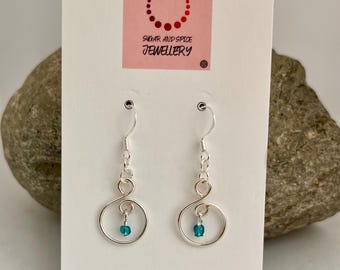 Turquoise Dangle Earrings: Sterling Silver Wire Wrapped Boho Hoops
