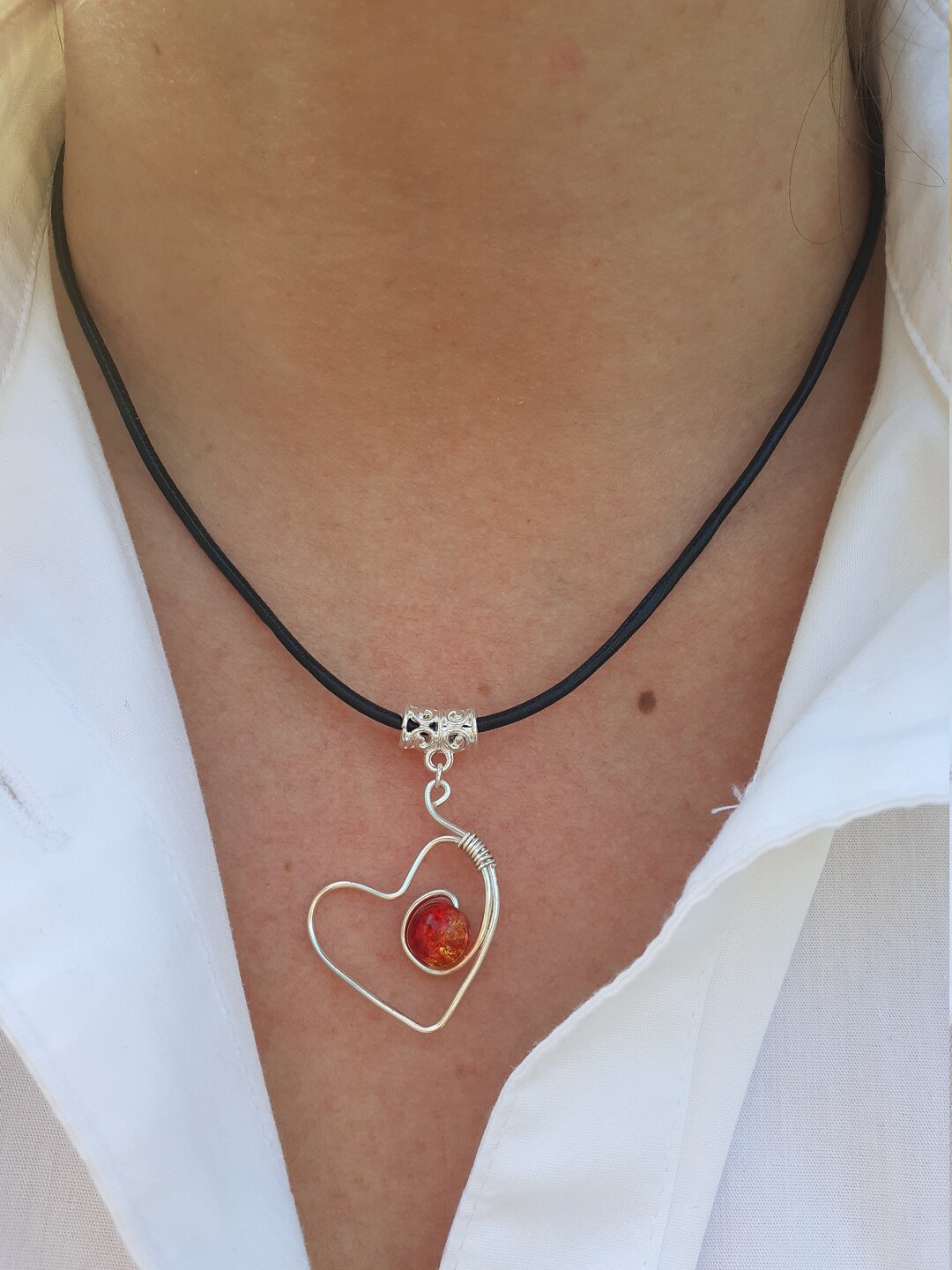 Silver Heart Necklace UK, Black Leather Cord Necklace with Pendant