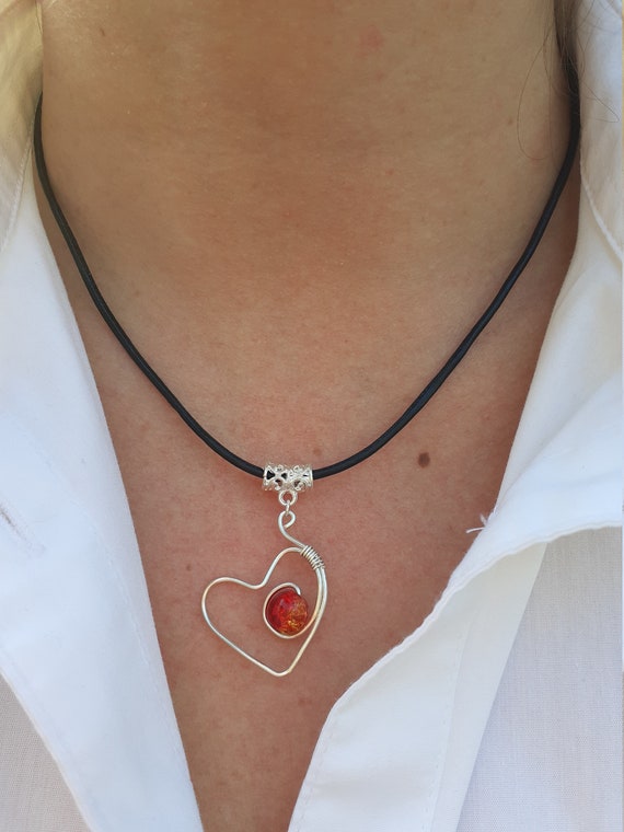 Red Heart Pendant on Black Leather Cord Red Heart Pendant on Black Leather Cord