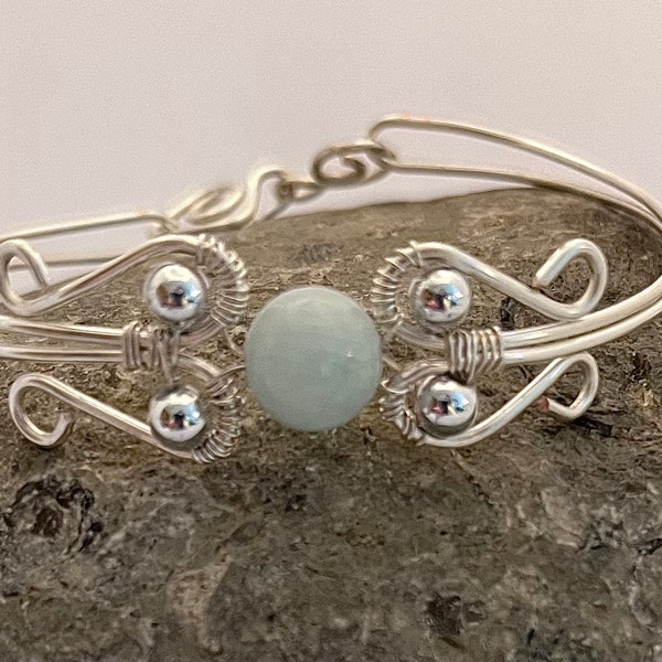 Aquamarine Bracelet, Wire Wrapped Bracelet, March Birthstone Bracelet, Blue Bangles, Anniversary Gift For Her, Delicate Bracelet.