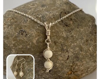 Sterling Silver Moonstone Necklace and Earrings, Wire Wrapped Jewelry Set
