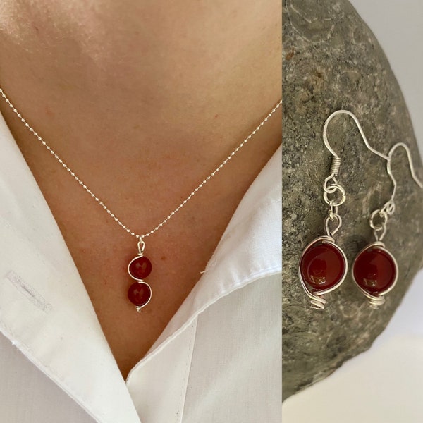 Red Necklace and Earrings Set, Red Gemstone Necklace, Red Gemstone Earrings, Red Carnelian Necklace, July Birthday Gift For Her, Anniversary