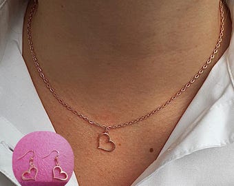 Rose Gold Plated Heart Necklace and Earrings Set, Anniversary Jewellery Gift.