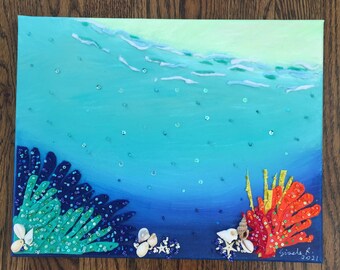 Original mixed media wall decor Painting " Deep Ocean Corals " spring 2021 embroidery - 11" X 14" stretched canvas