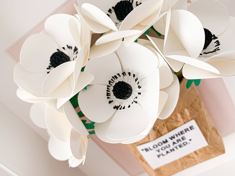 Op de afbeelding: Witte papieren bloemen met zwarte centra in een bruine papieren zak met de tekst "Bloom where you are planted."