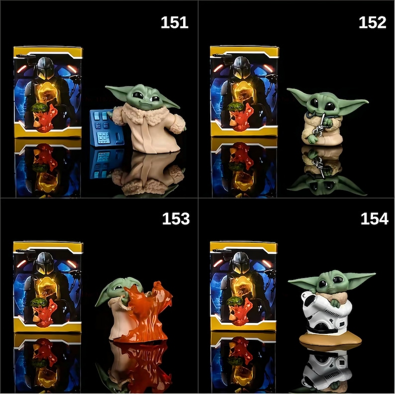 May include: Four different figurines of a green alien character from the Star Wars series, The Mandalorian. Each figurine is posed differently and has a different accessory. The figurines are displayed on a black background with a yellow and black box behind each one.