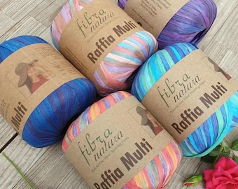 Fibra Natura raffia-garen: gehaakt meerkleurig viscosekoord. Tarieven gedekt.