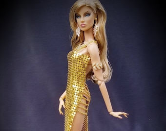 Gold Metal Chain Mail Mesh Gown for 12-inch Dolls like Integrity Toys Poppy Parker and Fashion Royalty