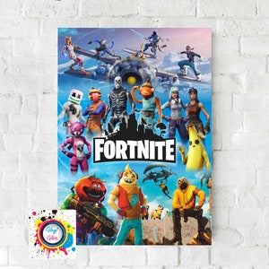 May include: A colourful poster featuring characters from the popular video game Fortnite. The poster features a variety of characters, including a skeleton, a banana, a tomato, and a fish. The poster is set against a blue sky background with clouds and a plane flying overhead. The word "Fortnite" is prominently displayed in the centre of the poster.