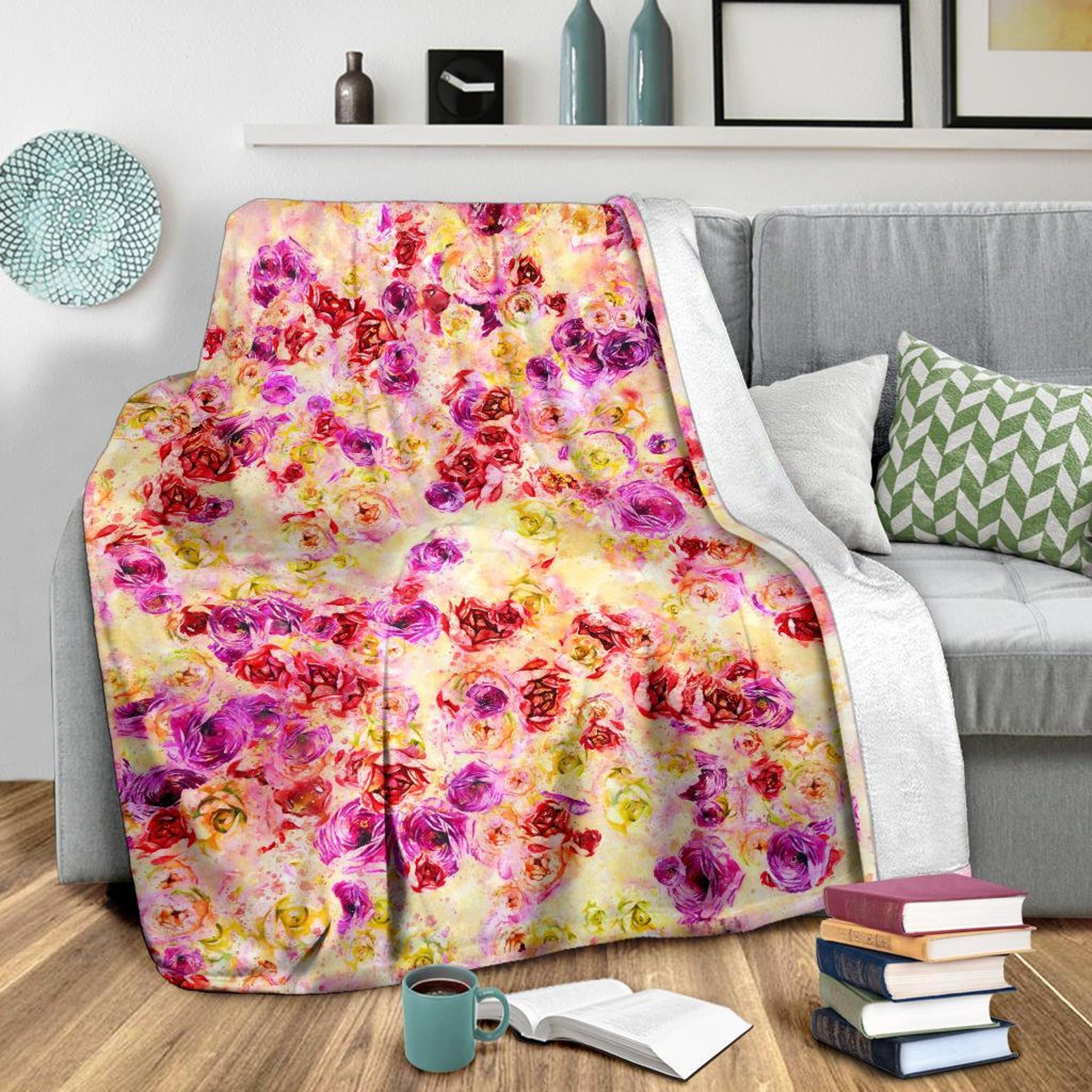 Flowers Blanket Pink Purple Yellow Watercolor Comfy Fleece Etsy