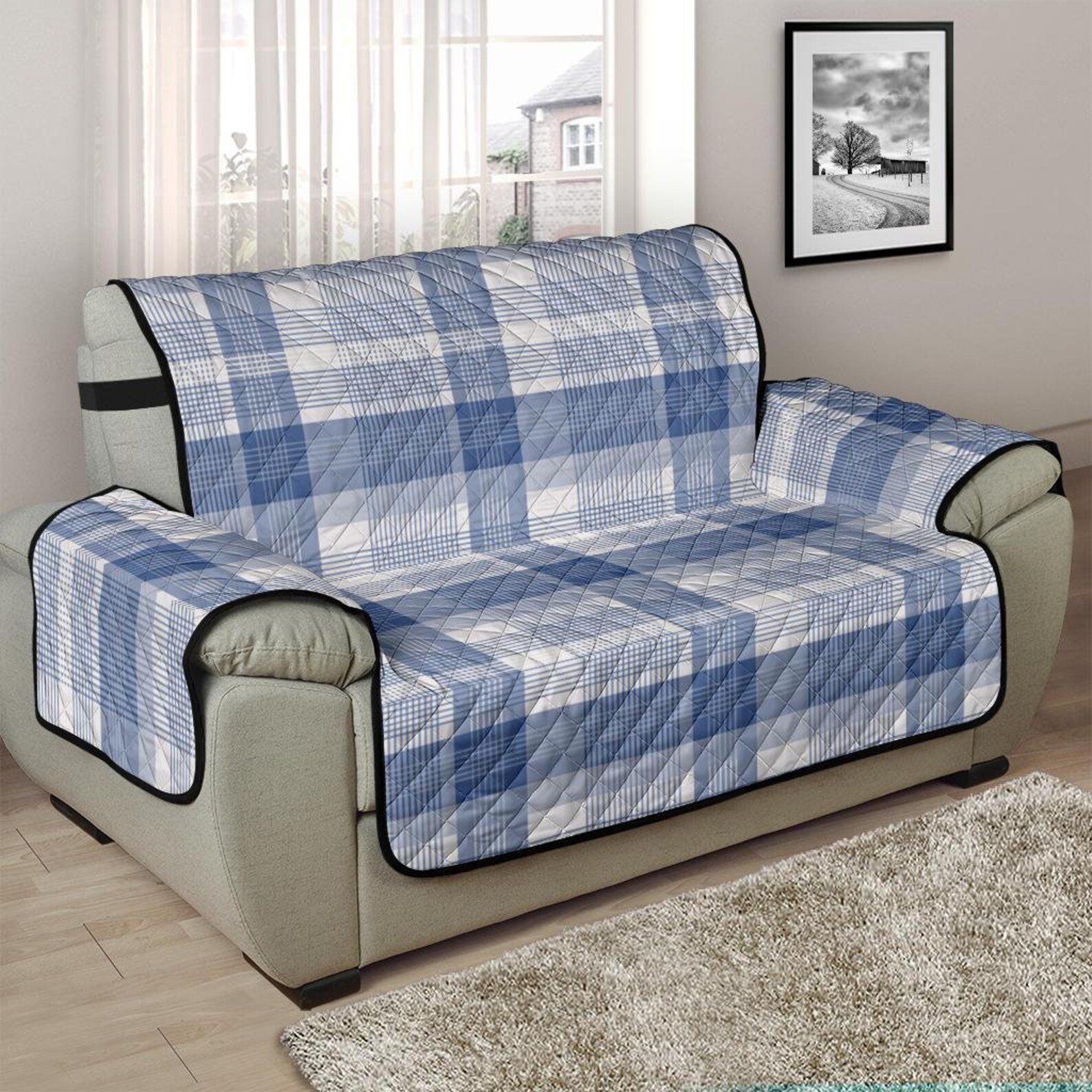 Blue Plaid 48 Inch Recliner Sofa Protector Slip Cover Couch Etsy