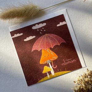 Love you mum card, Mothers day card, Cute card for mum, Illustrated card for mother, Birthday Card for Mummy, Baby and mummy mushroom card, image 1