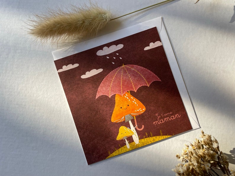 Love you mum card, Mothers day card, Cute card for mum, Illustrated card for mother, Birthday Card for Mummy, Baby and mummy mushroom card, image 1