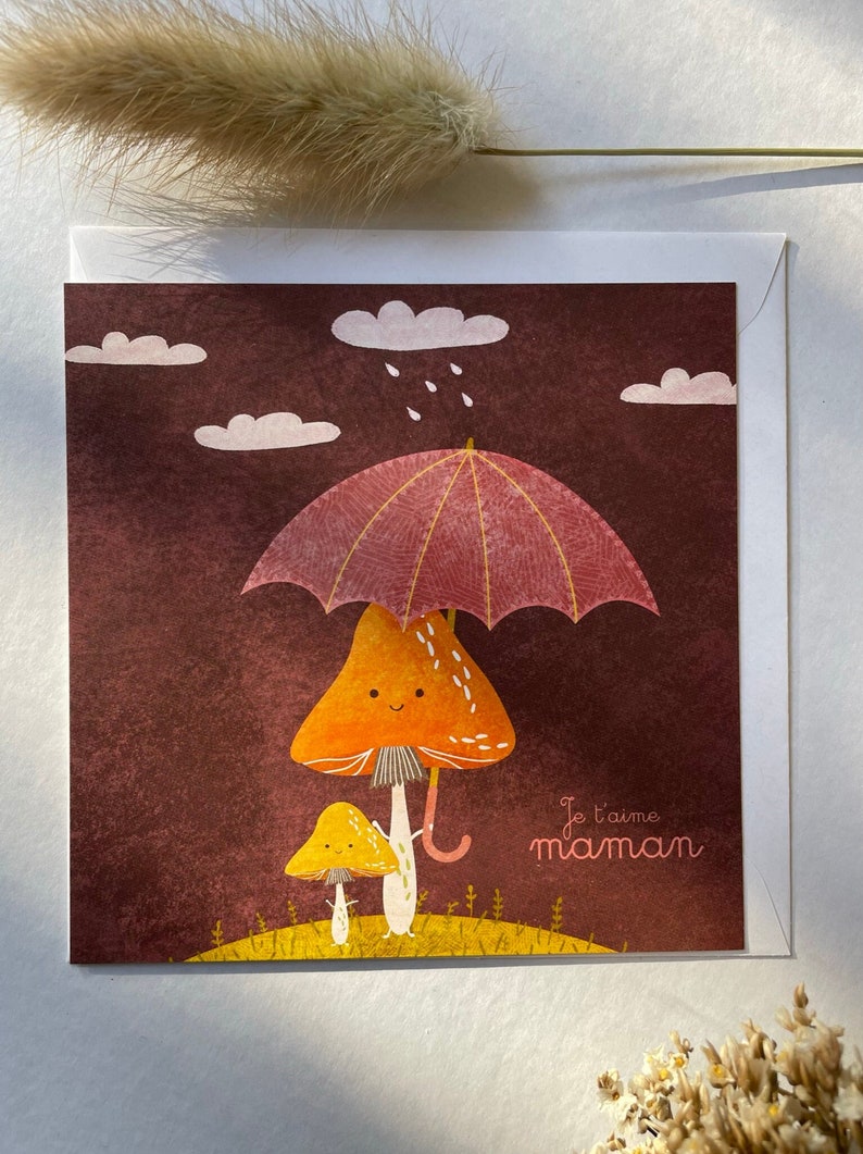 Love you mum card, Mothers day card, Cute card for mum, Illustrated card for mother, Birthday Card for Mummy, Baby and mummy mushroom card, image 2