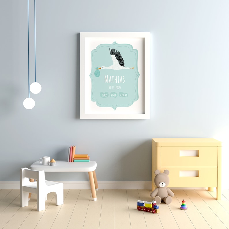 Personalised Baby Boy Birth Poster Child poster stork and baby