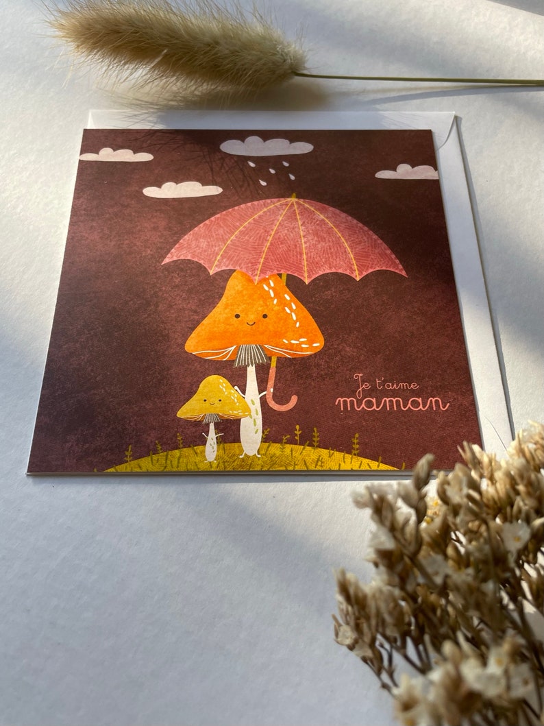 Love you mum card, Mothers day card, Cute card for mum, Illustrated card for mother, Birthday Card for Mummy, Baby and mummy mushroom card, image 6