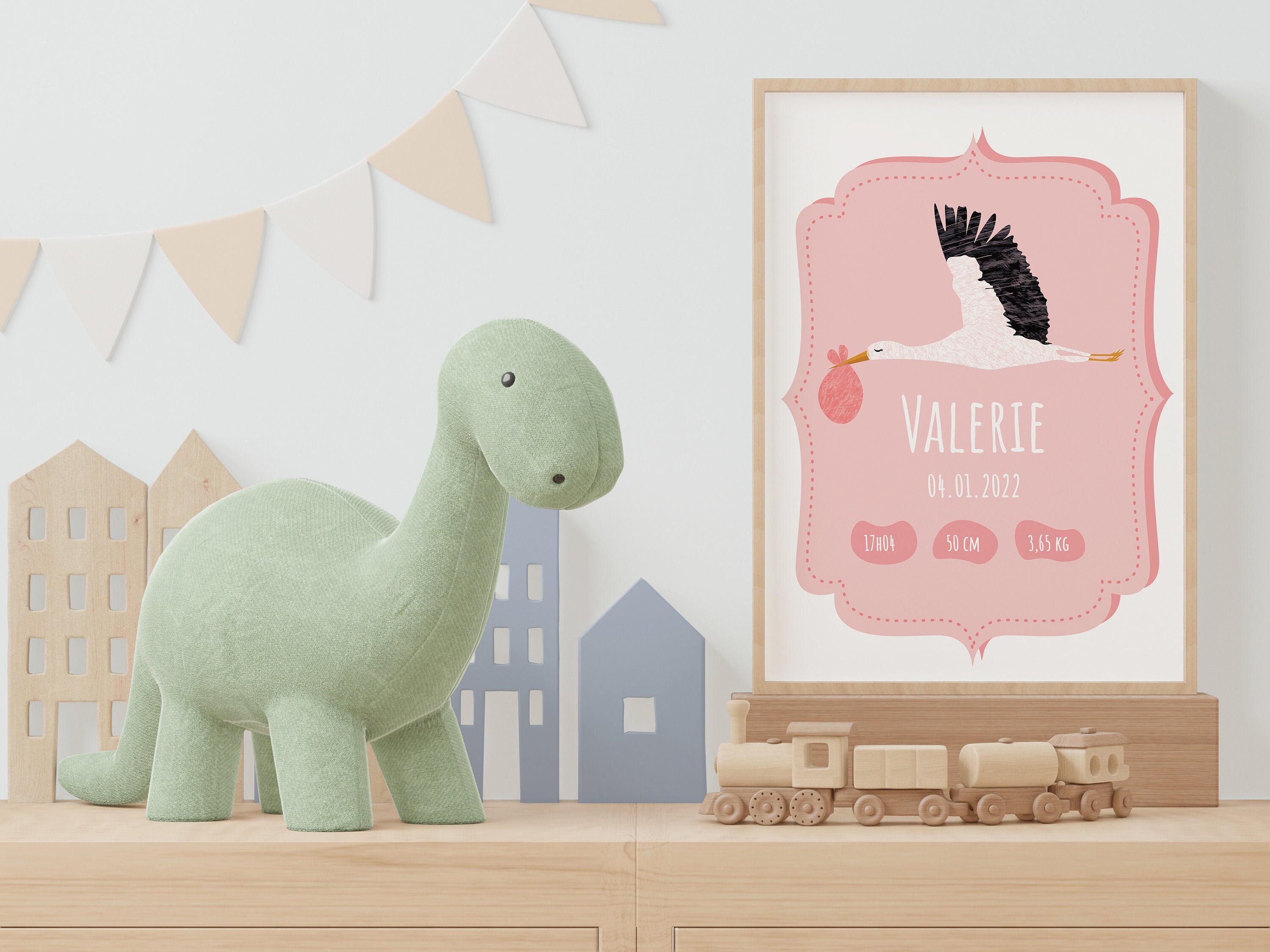 Cadeau Personnalisé Pour Bébé Fille, Affiche de Naissance, Cigogne Imprimée Enfant et Bébé