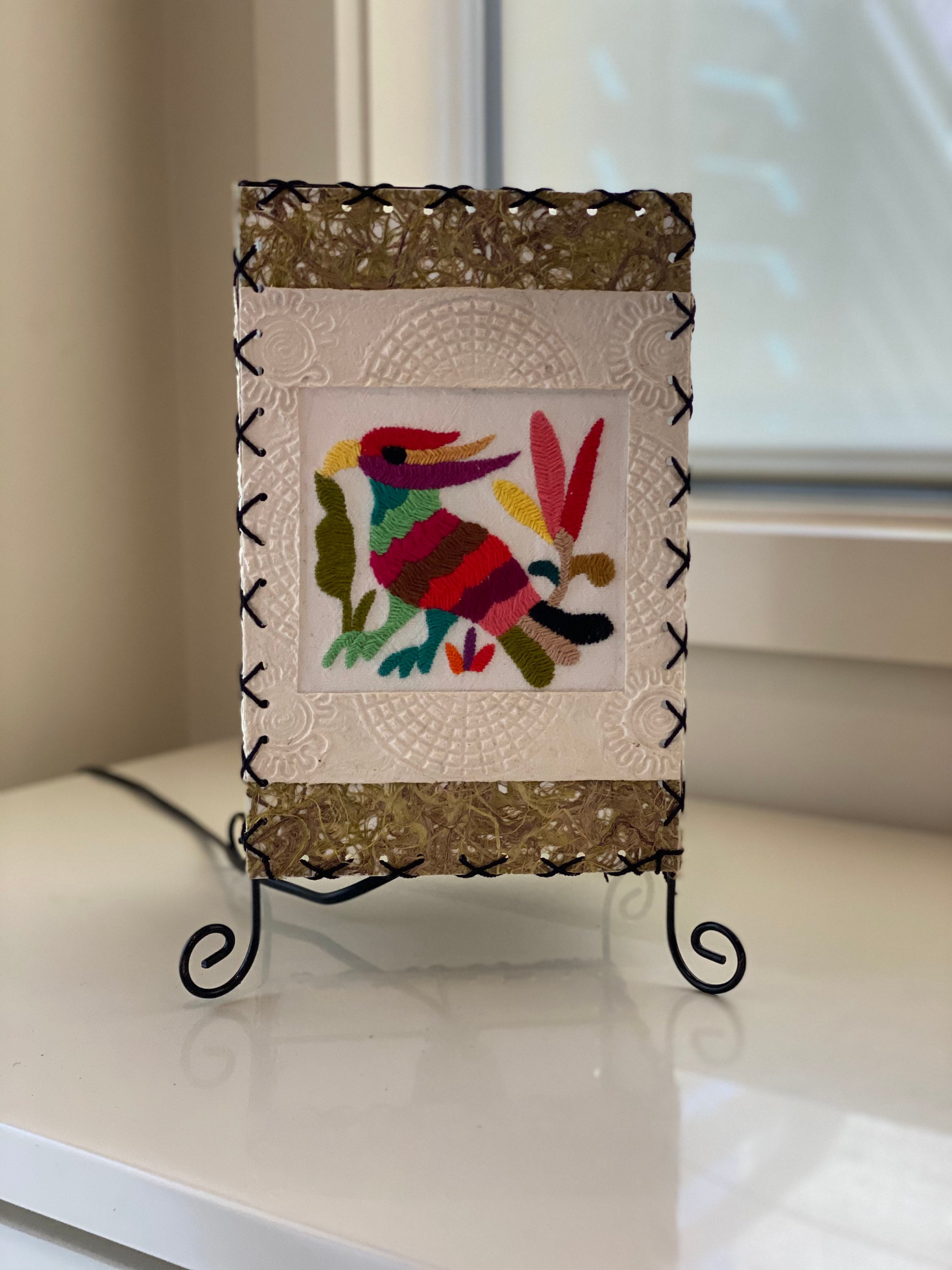 Otomi Embroidery Table Lamp Mexican Lampshade Embroidered lampshade Cylinder shape Tenango Ethnic Lamp Boho Style