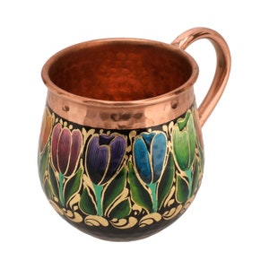 Set van 4 handgeschilderde zwarte mok | Gehamerde koperen mok | Bloemen- en vlindermotieven | Muilezelmokken Moskou | 100% koper