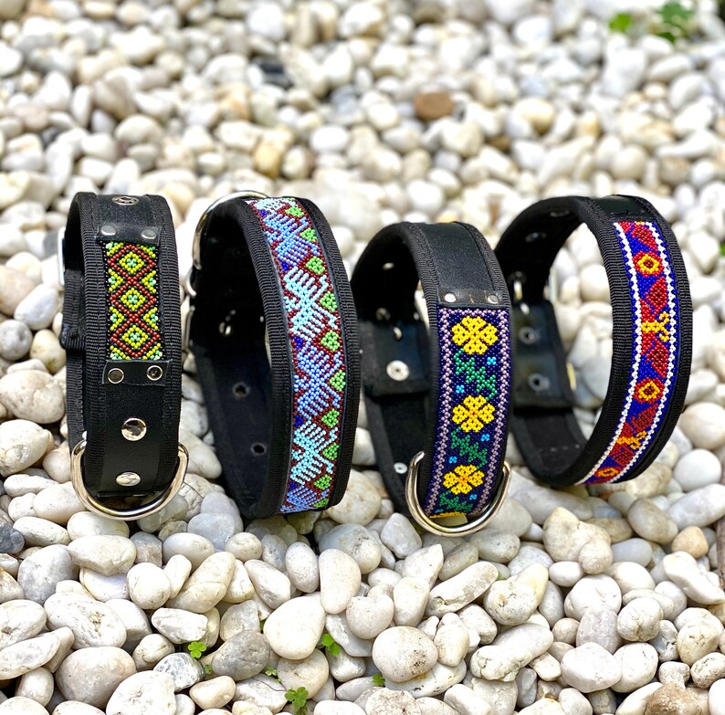 Large l Dog Collar Huichol art Leather collar Handmade Fairtrade Mexican style Handsewn beads