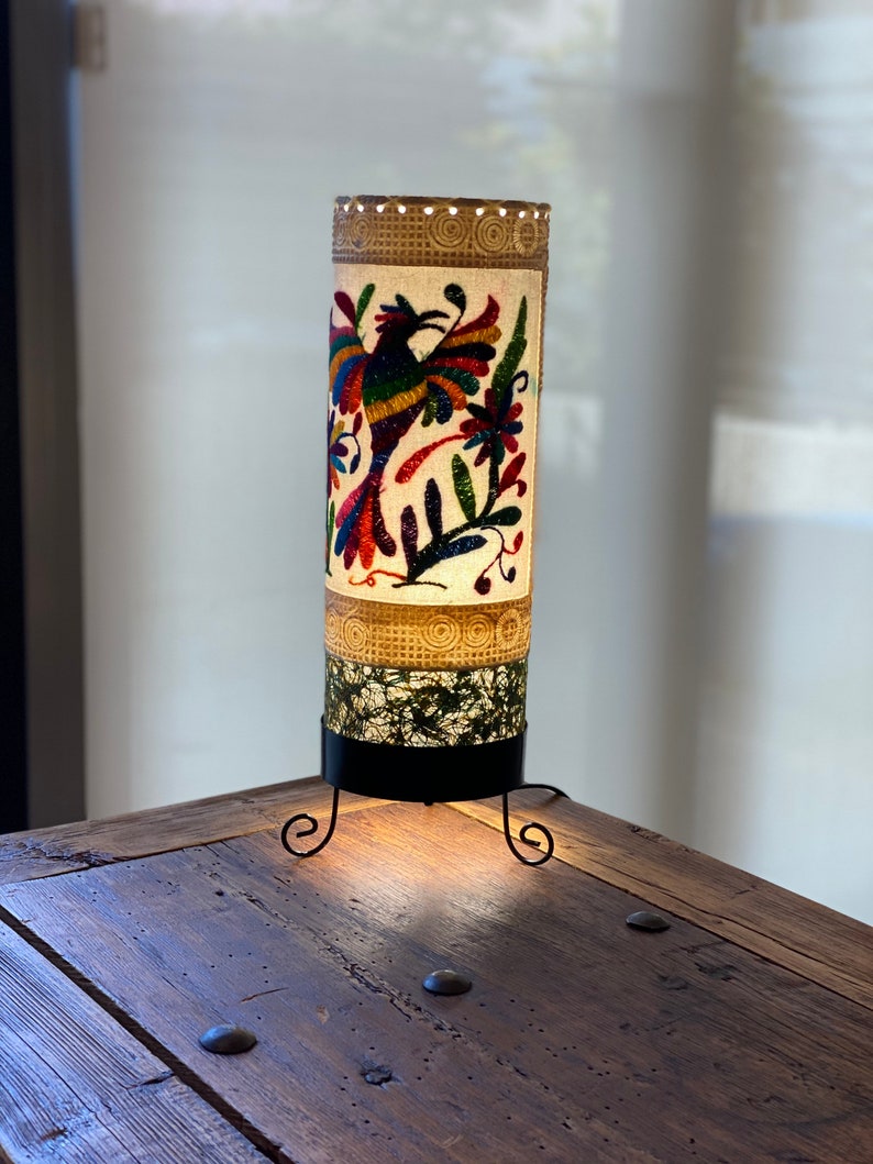 Otomi Embroidery Table Lamp Mexican Lampshade Embroidered lampshade Cylinder shape Tenango Ethnic Lamp Boho Style