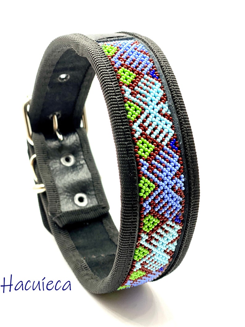 Large l Dog Collar Huichol art Leather collar Handmade Fairtrade Mexican style Handsewn beads