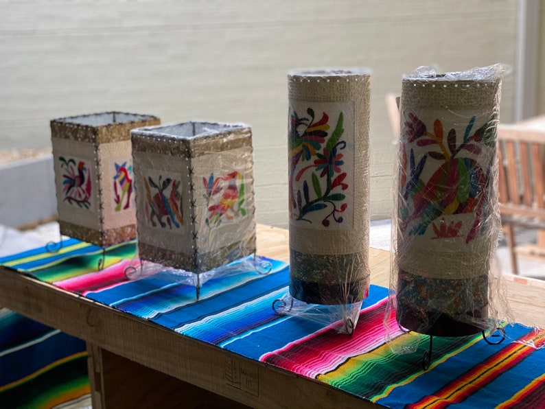 Otomi Embroidery Table Lamp Mexican Lampshade Embroidered lampshade Cylinder shape Tenango Ethnic Lamp Boho Style