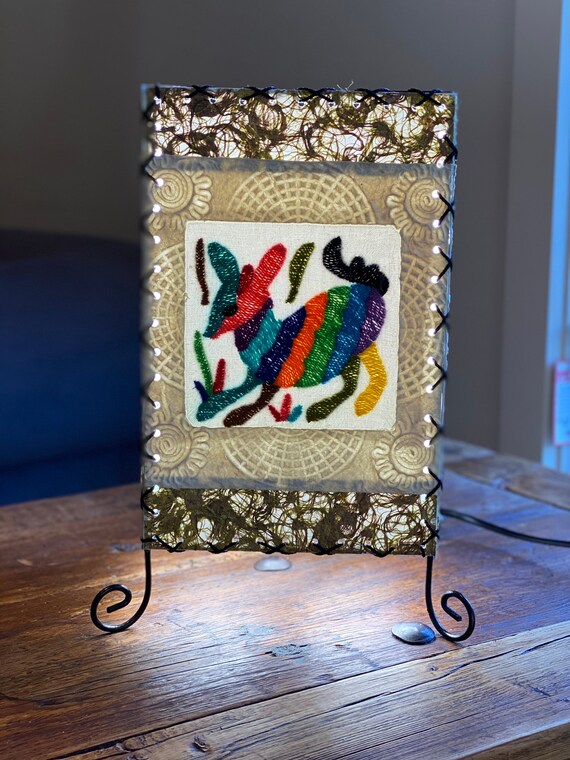 Otomi Embroidery Table Lamp Mexican Lampshade Embroidered lampshade Cylinder shape Tenango Ethnic Lamp Boho Style