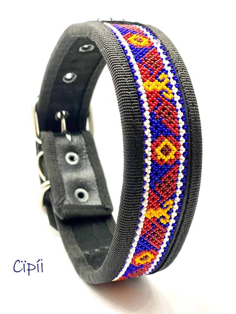 Large l Dog Collar Huichol art Leather collar Handmade Fairtrade Mexican style Handsewn beads