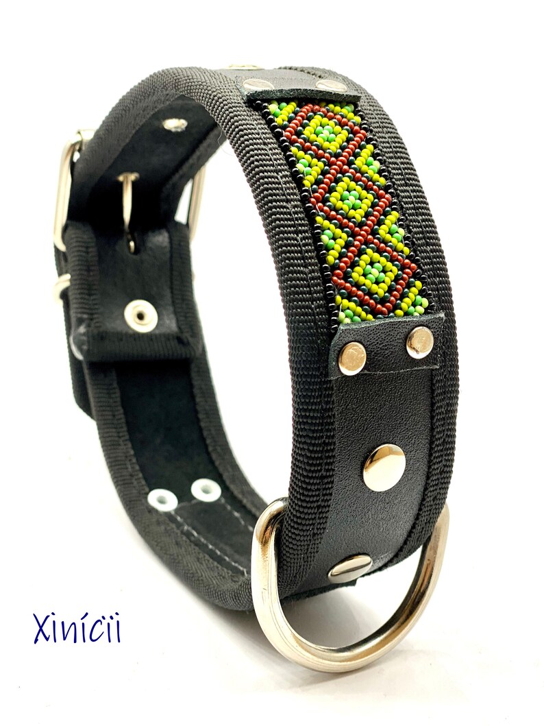 Large l Dog Collar Huichol art Leather collar Handmade Fairtrade Mexican style Handsewn beads