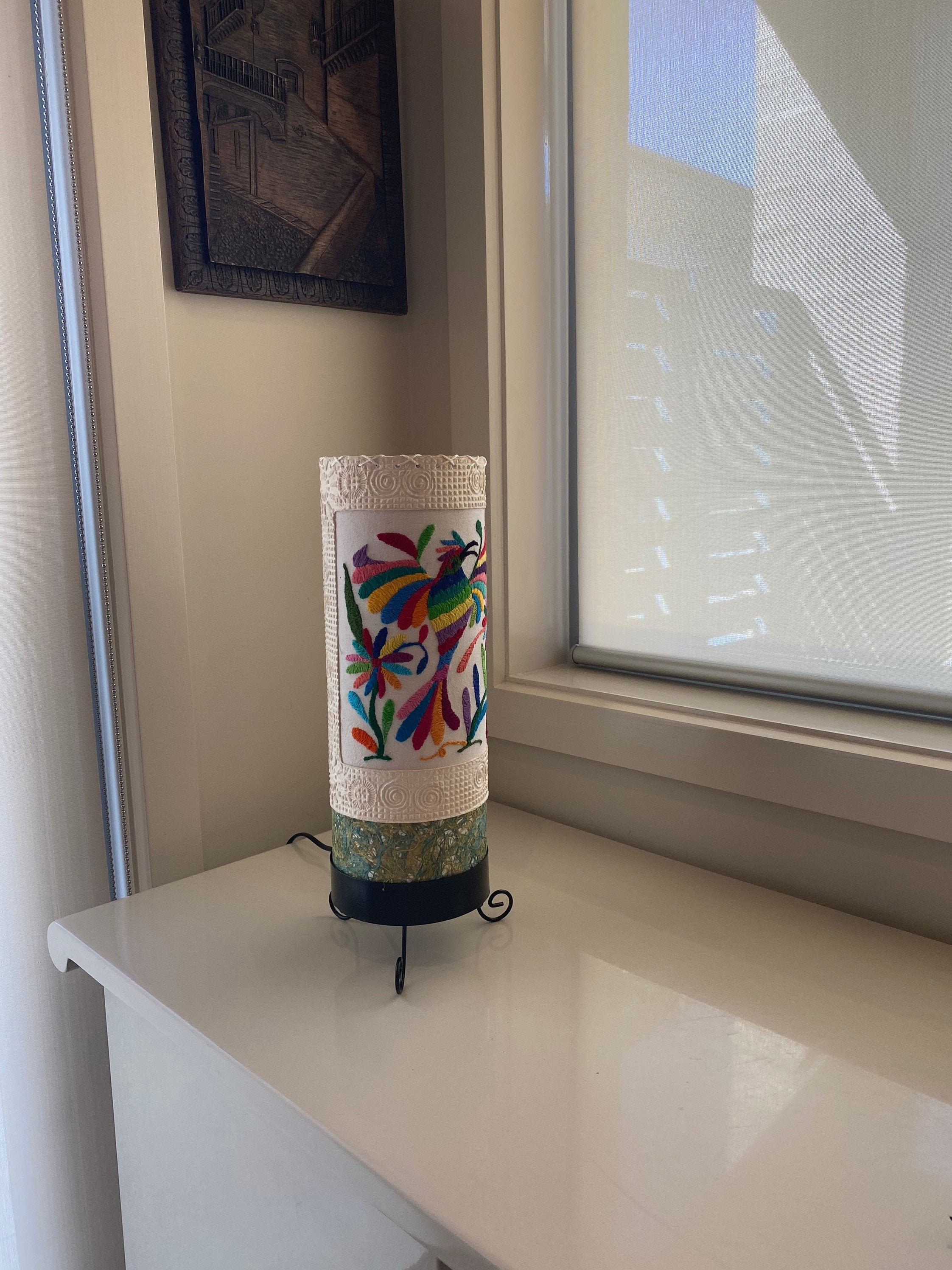 Otomi Embroidery Table Lamp Mexican Lampshade Embroidered lampshade Cylinder shape Tenango Ethnic Lamp Boho Style